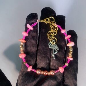 TROPICAL ROSEPOP — Handmade Pink Flamingo Glass Beaded Charm Bracelet w/ Copper